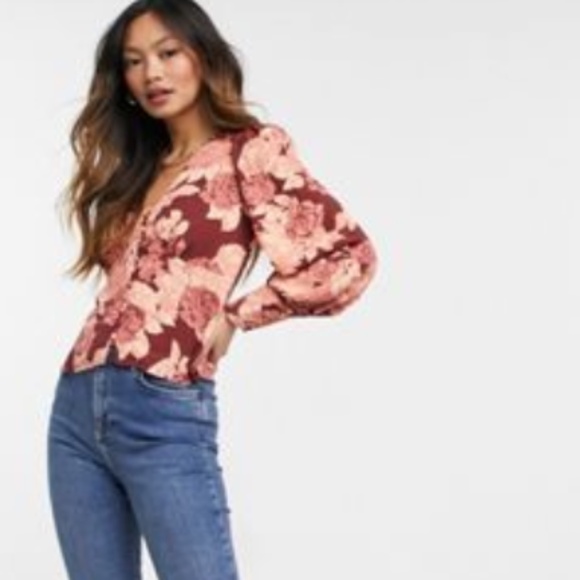 Glamorous Brown and Apricot Rose Floral Button Front Blouse Sz 4 - Picture 1 of 2